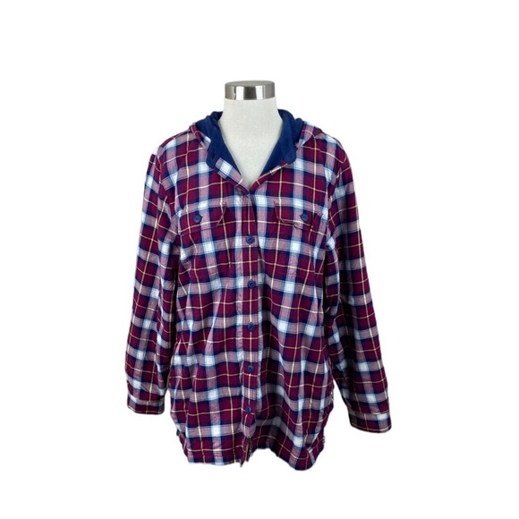 L.L. Bean Fleece Lined Blue Burgundy Plaid Flannel Button Front Shirt Shacket M - Picture 1 of 4